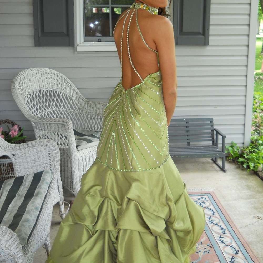 Green open back gown